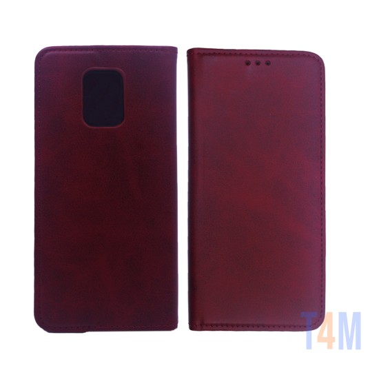 Capa de Couro com Bolso Interno para Xiaomi Redmi Note 9 Pro Vermelho